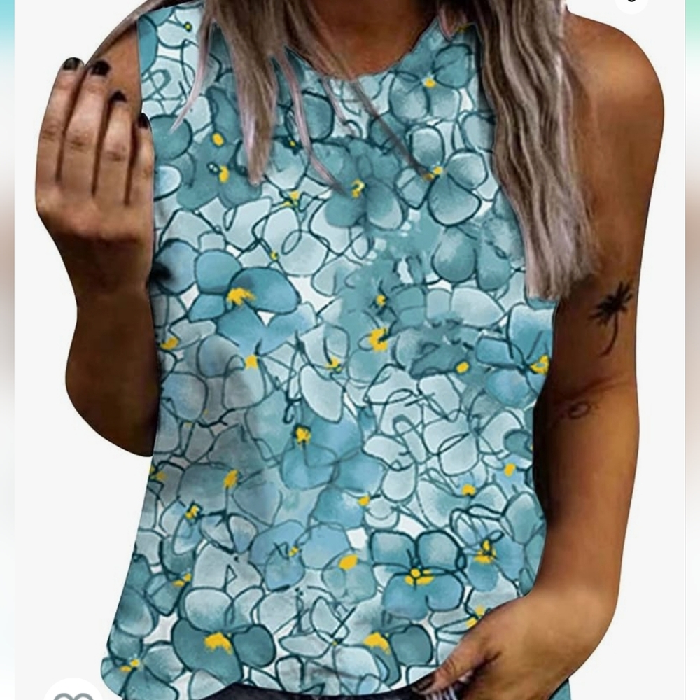 Boutique NWT Blue‎ Floral Graphic Sleeveless Tank Top Size XL